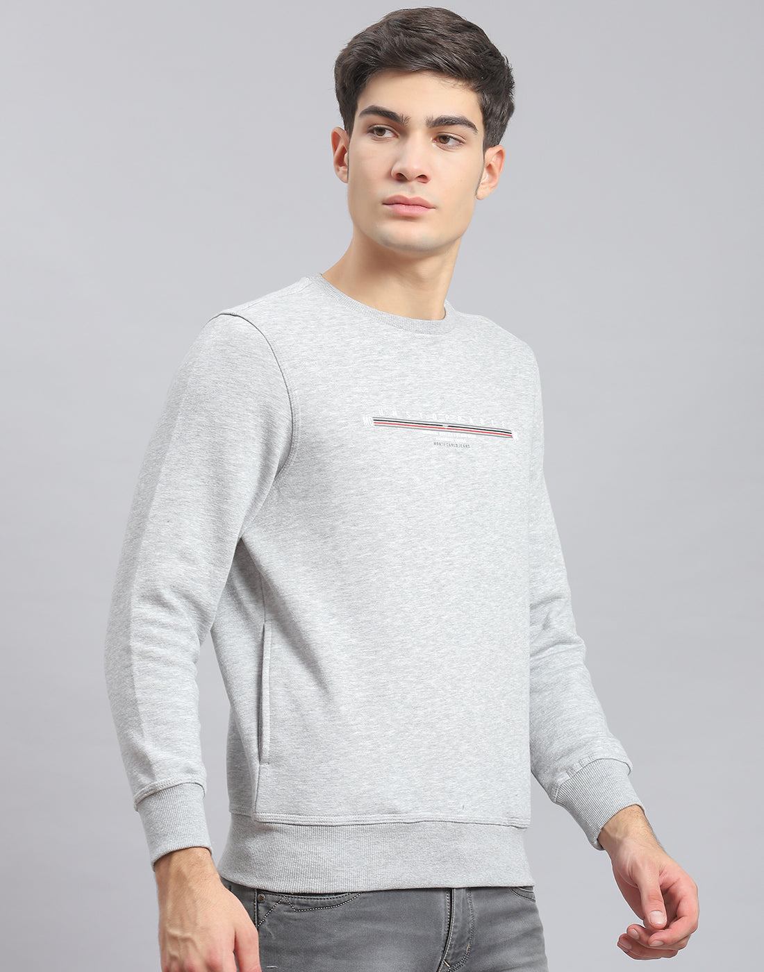 Men Grey Solid Round Neck Full Sleeve Sweatshirt