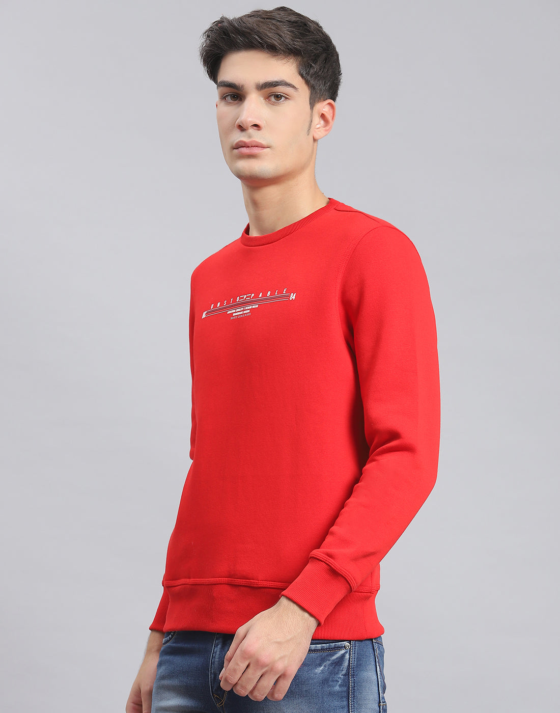 Men Red Solid Round Neck Full Sleeve Sweatshirt