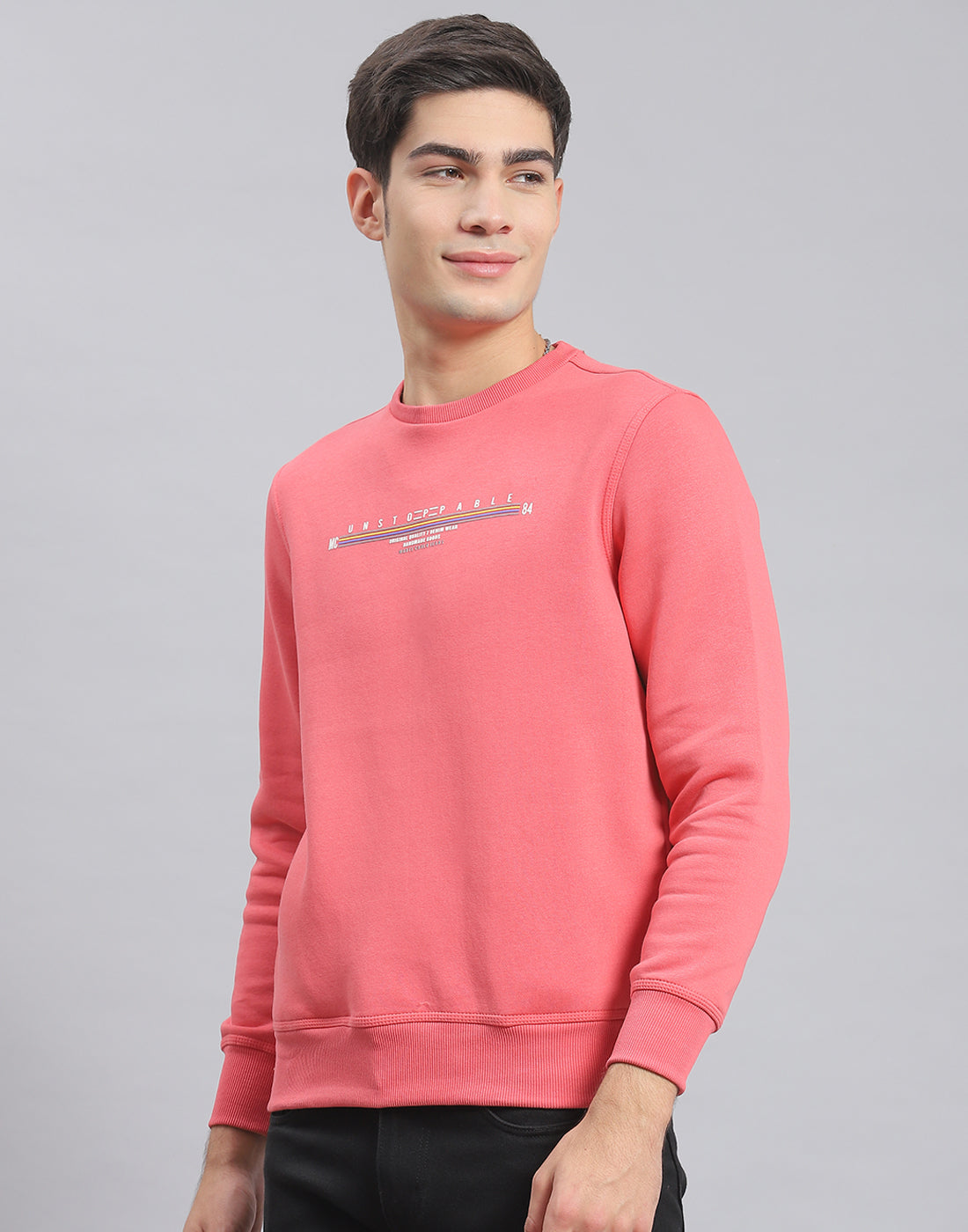 Men Pink Solid Round Neck Full Sleeve Sweatshirt