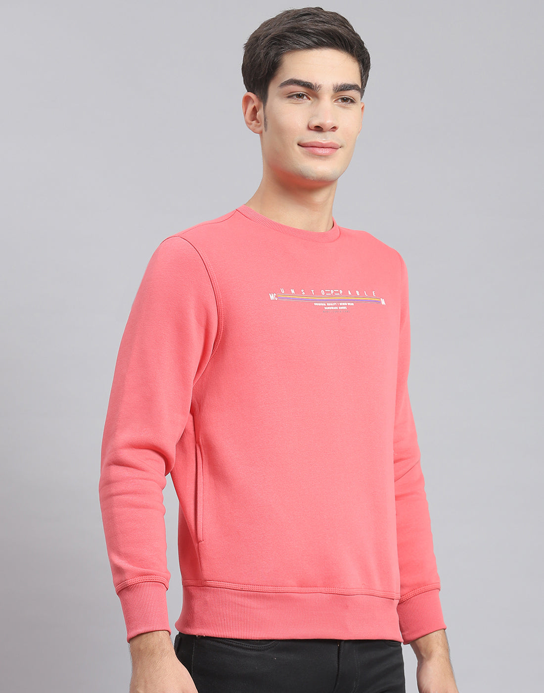 Men Pink Solid Round Neck Full Sleeve Sweatshirt