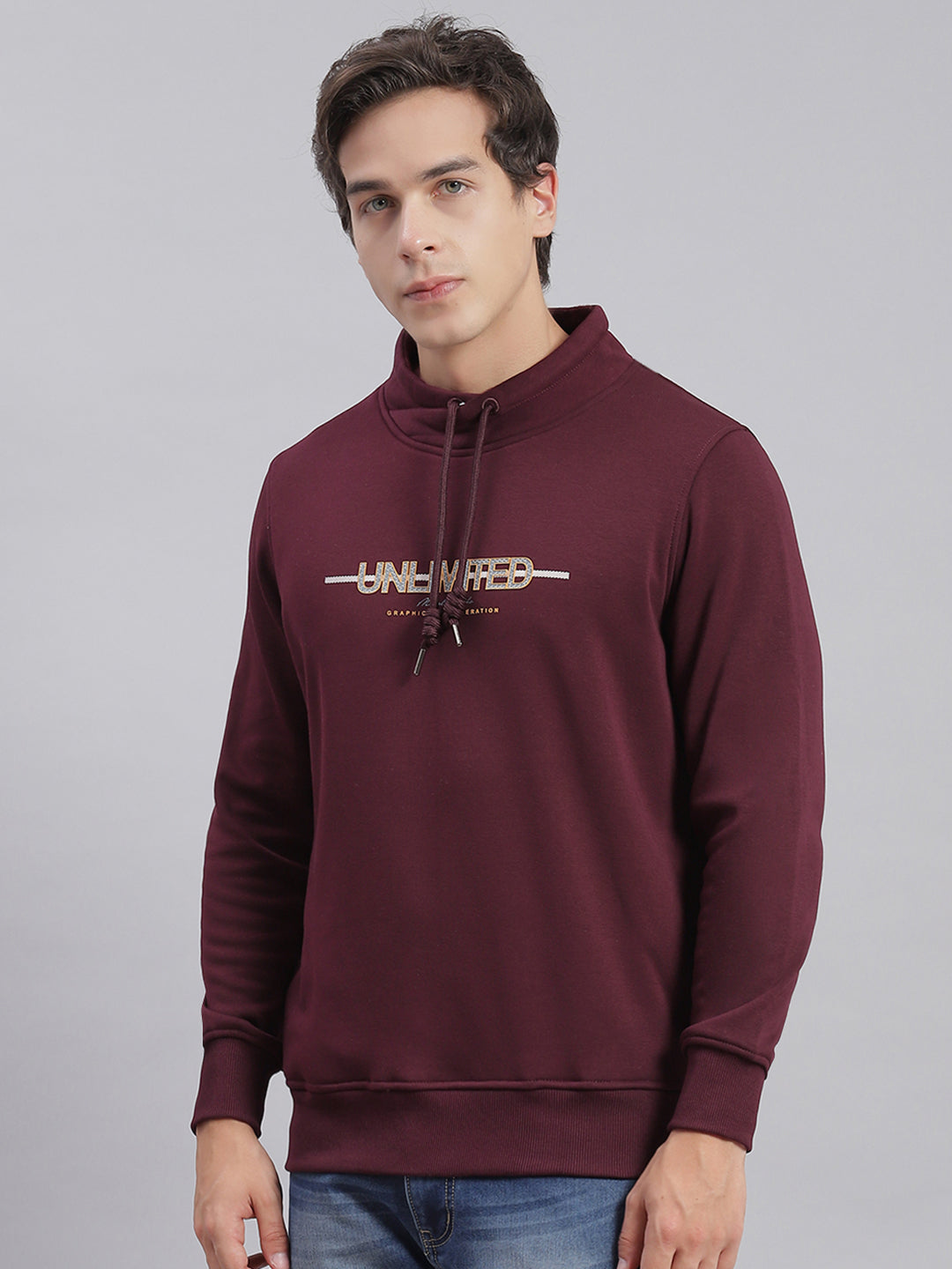 Men Maroon Solid F Neck Full Sleeve Sweatshirts