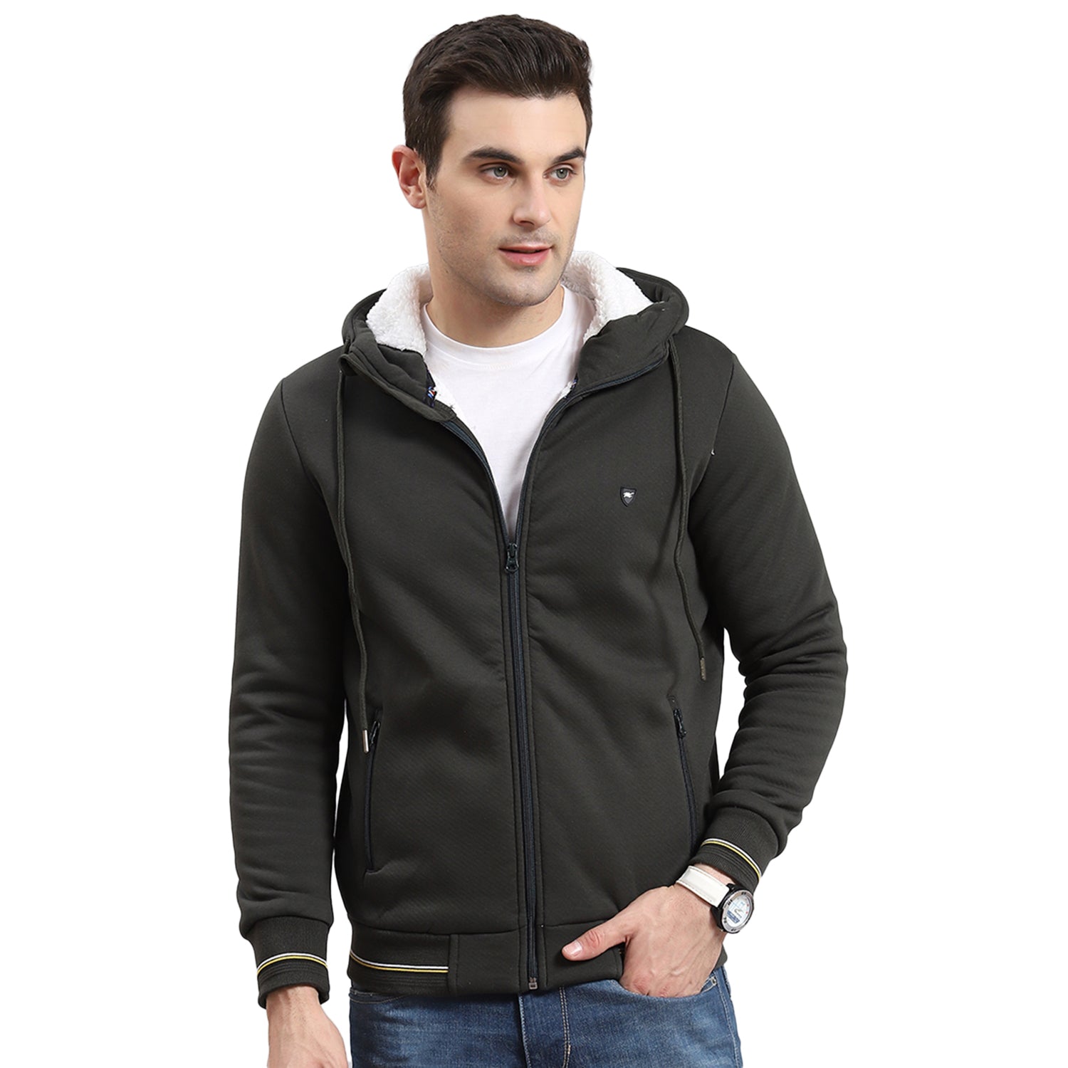 Men Olive Solid Hooded Full Sleeve Sweatshirt