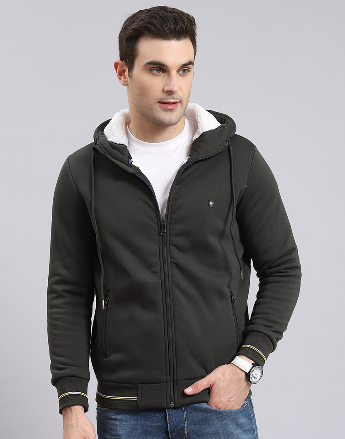 Men Olive Solid Hooded Full Sleeve Sweatshirt