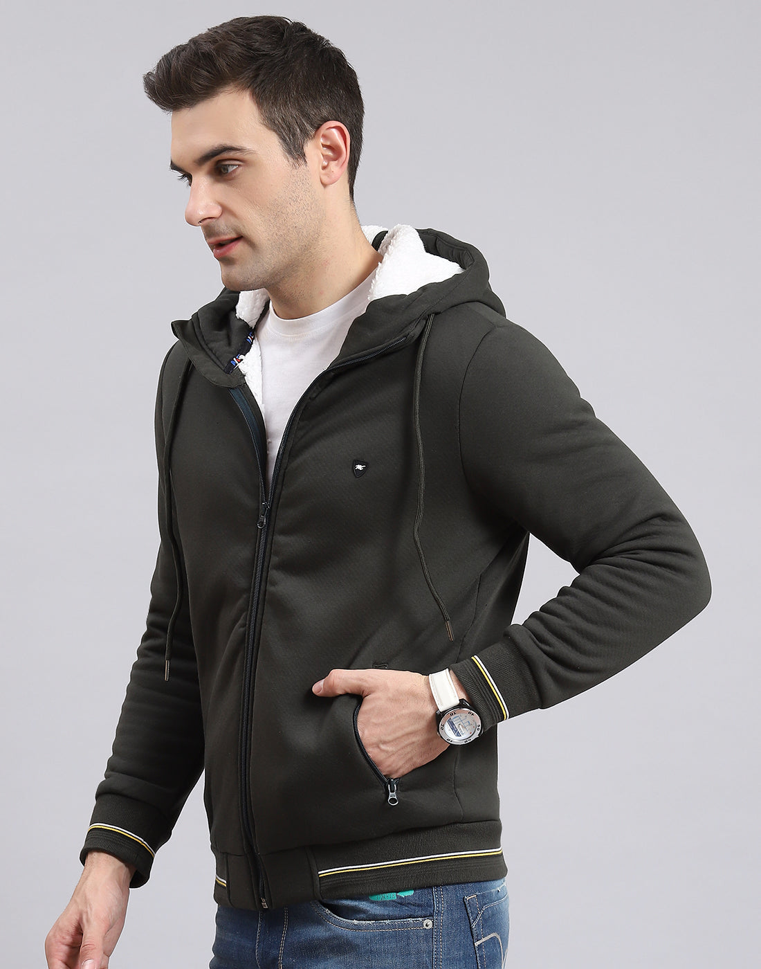 Men Olive Solid Hooded Full Sleeve Sweatshirt