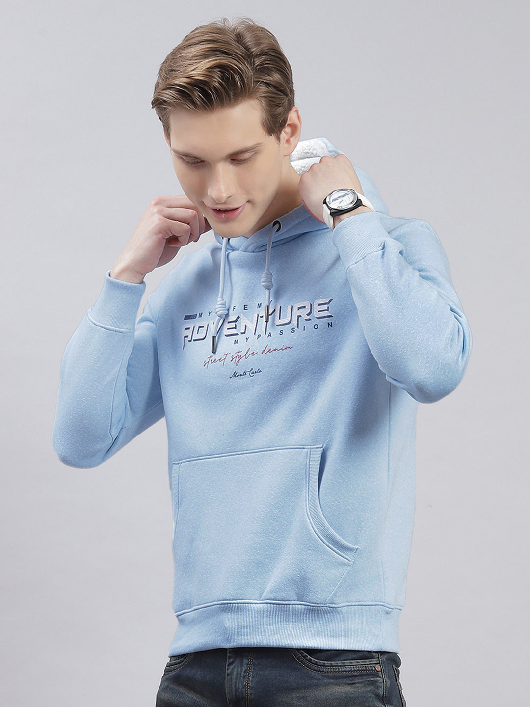 Men Blue Solid Hooded Full Sleeve Sweatshirts