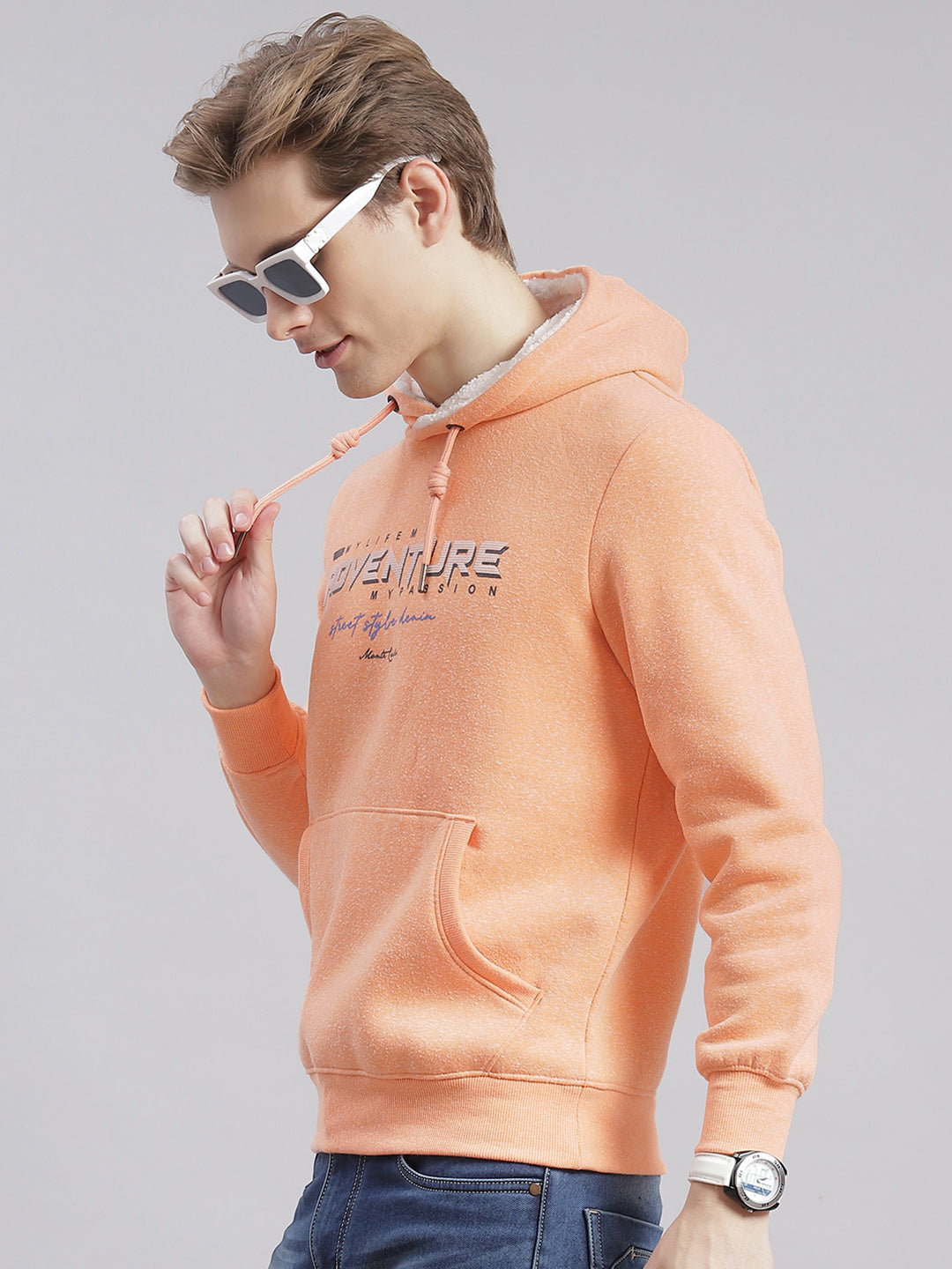 Men Orange Printed Hooded Full Sleeve Sweatshirts