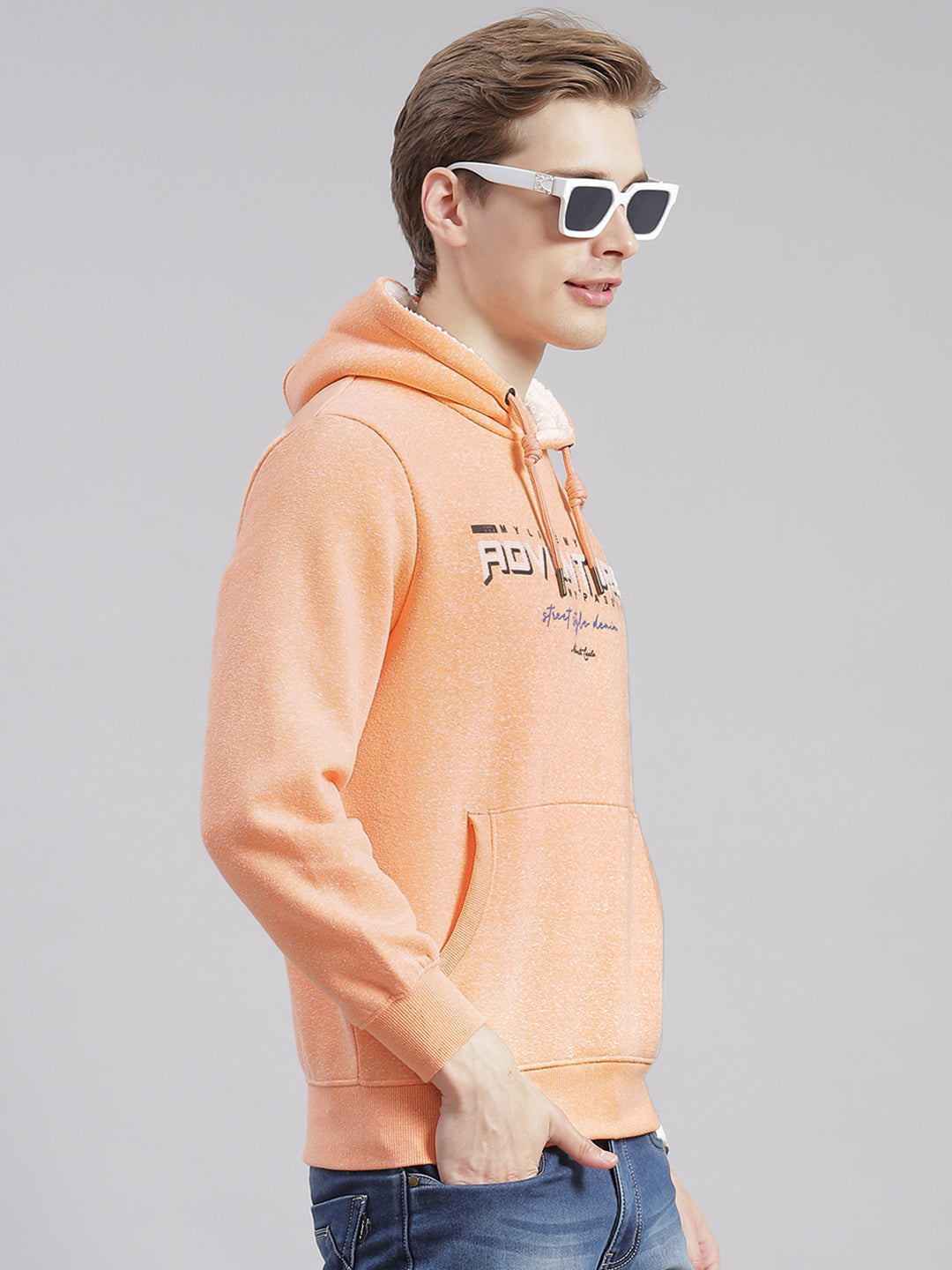 Men Orange Printed Hooded Full Sleeve Sweatshirts