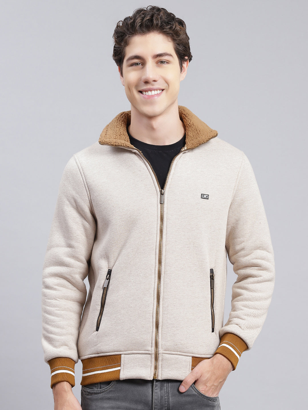 Men Beige Solid Cotton Blend Sweatshirt