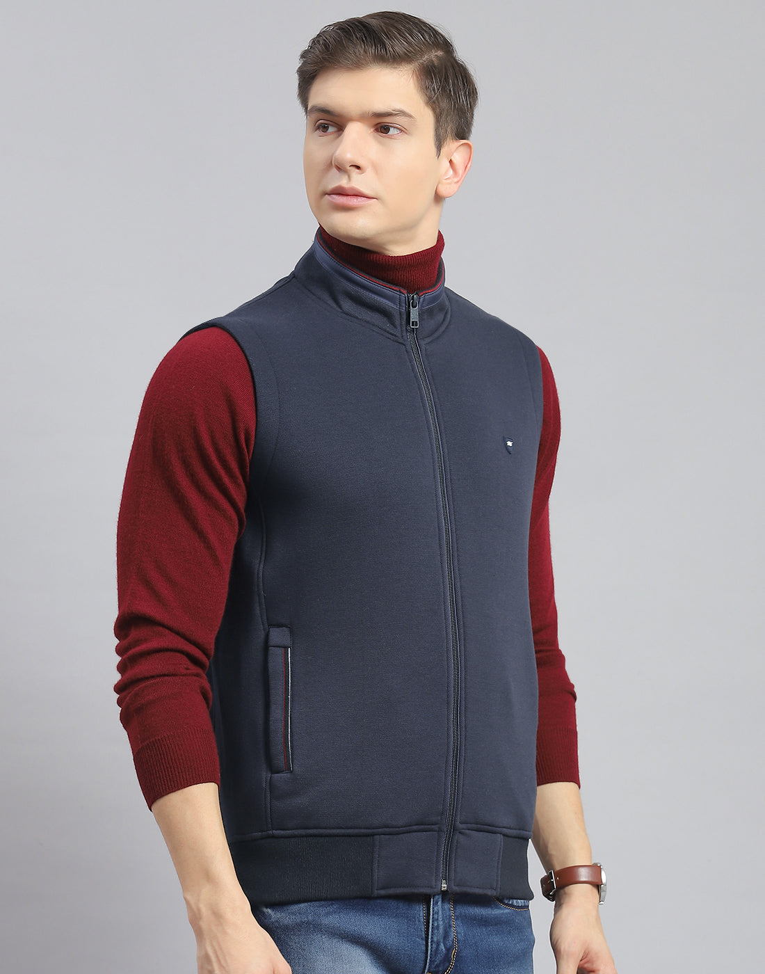 Men Navy Blue Solid Stand Collar Sleeveless Jacket