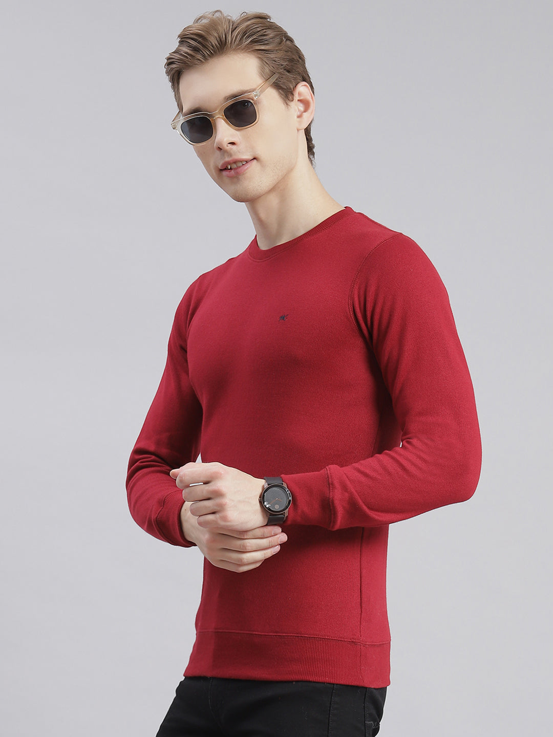 Men Maroon Solid Round Neck Full Sleeve T-Shirts