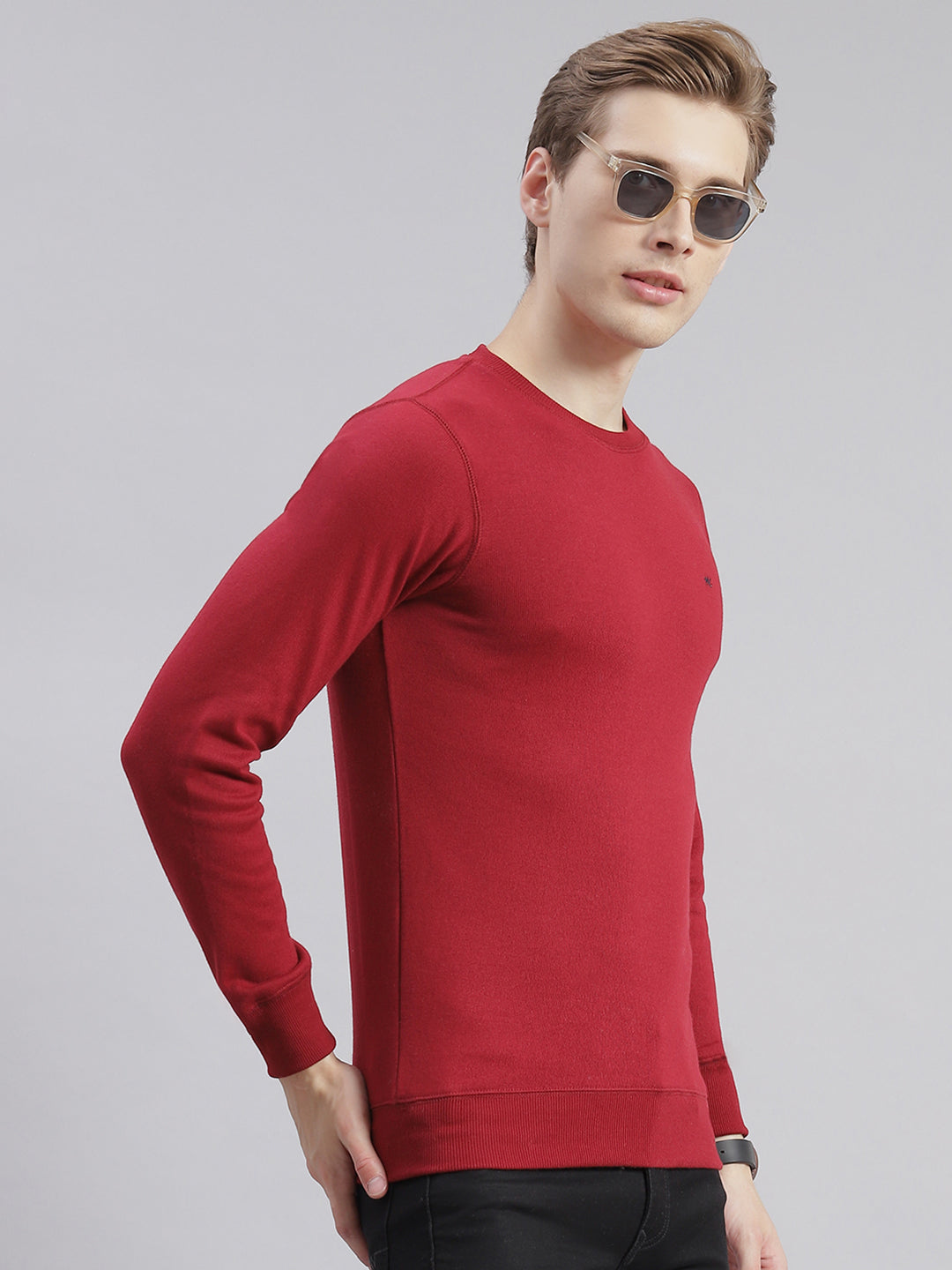 Men Maroon Solid Round Neck Full Sleeve T-Shirts