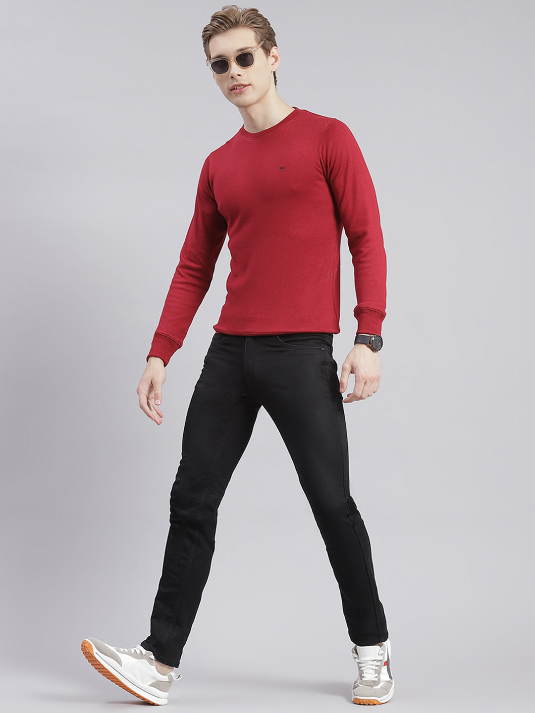 Men Maroon Solid Round Neck Full Sleeve T-Shirts