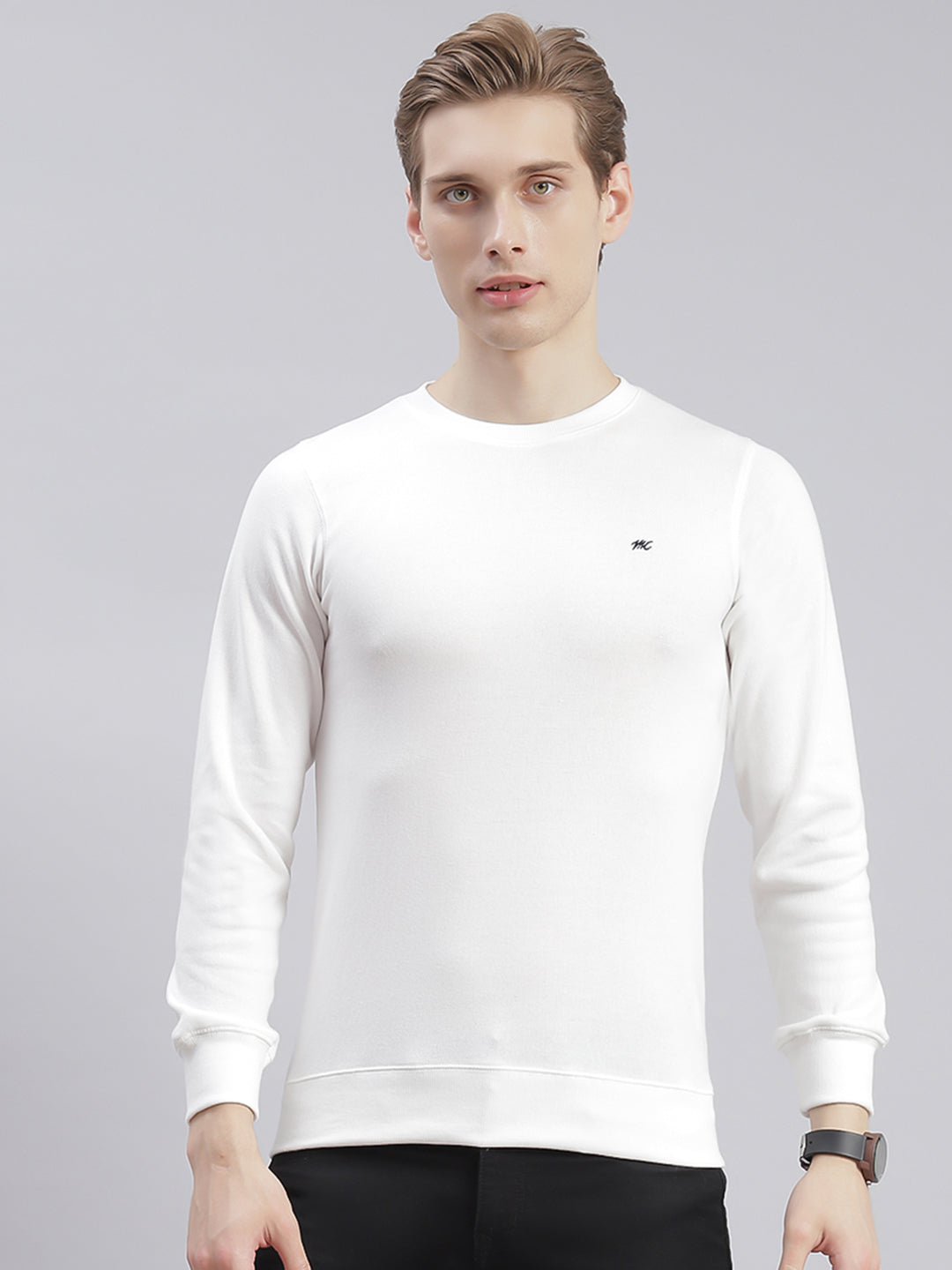 Men White Solid Round Neck Full Sleeve T-Shirts