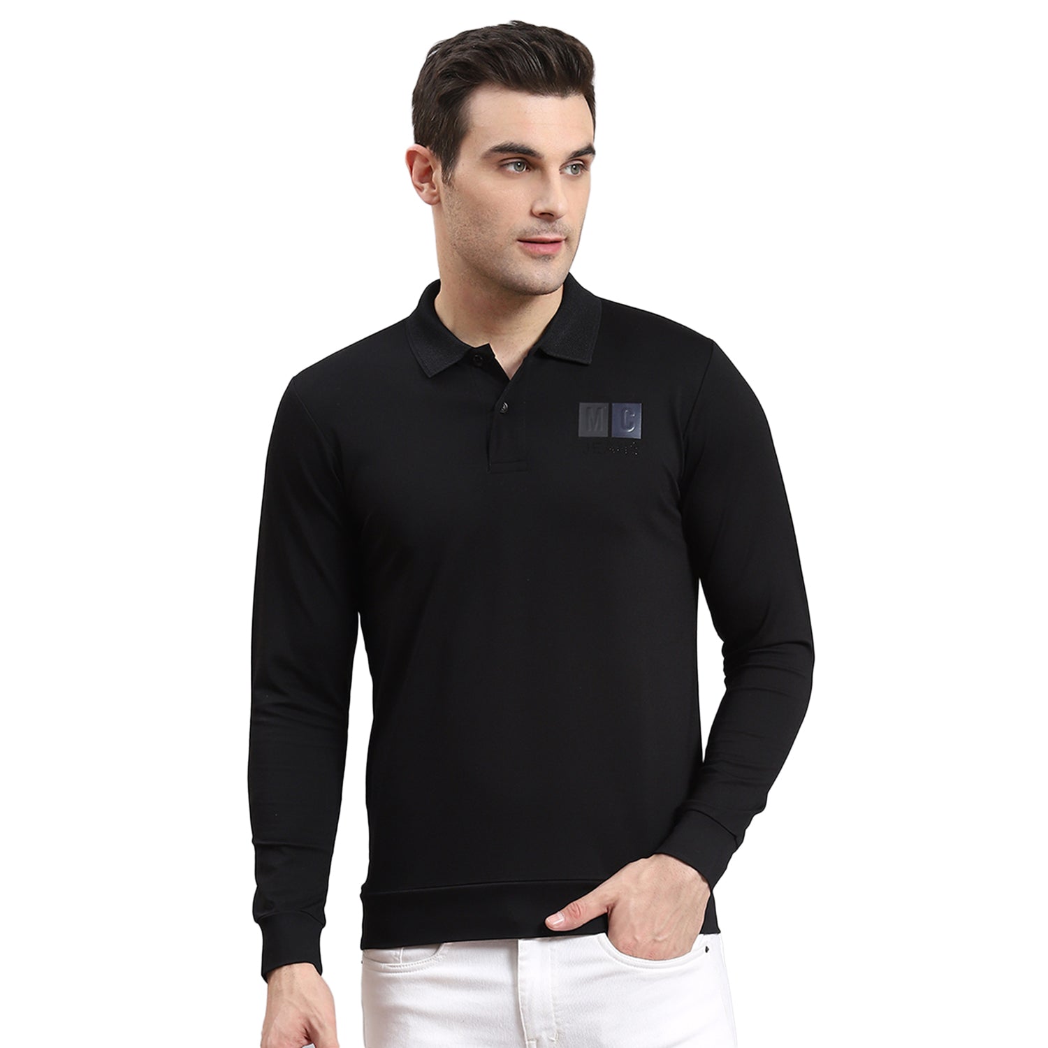 Men Black Solid Polo Collar Full Sleeve T-Shirt