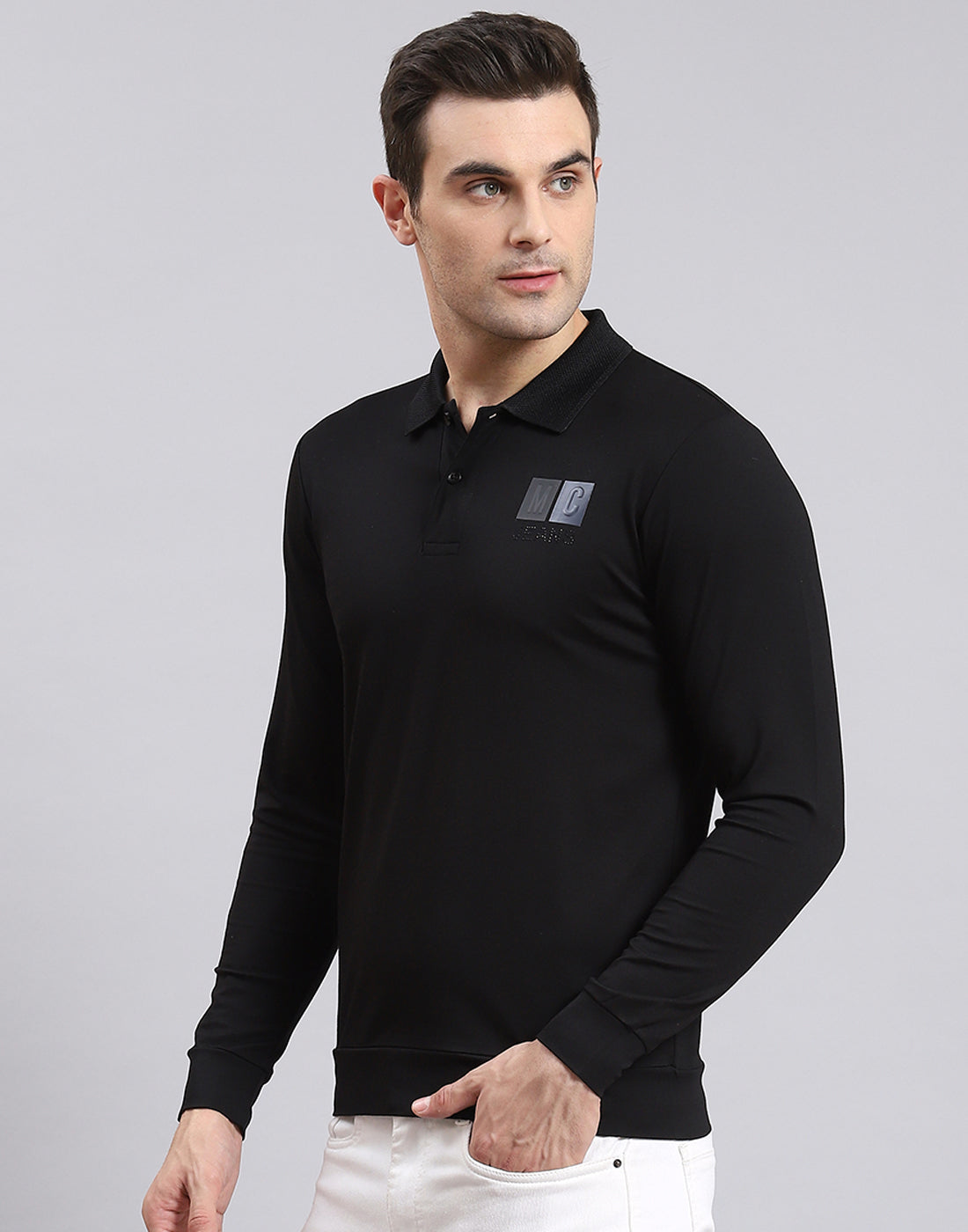 Men Black Solid Polo Collar Full Sleeve T-Shirt