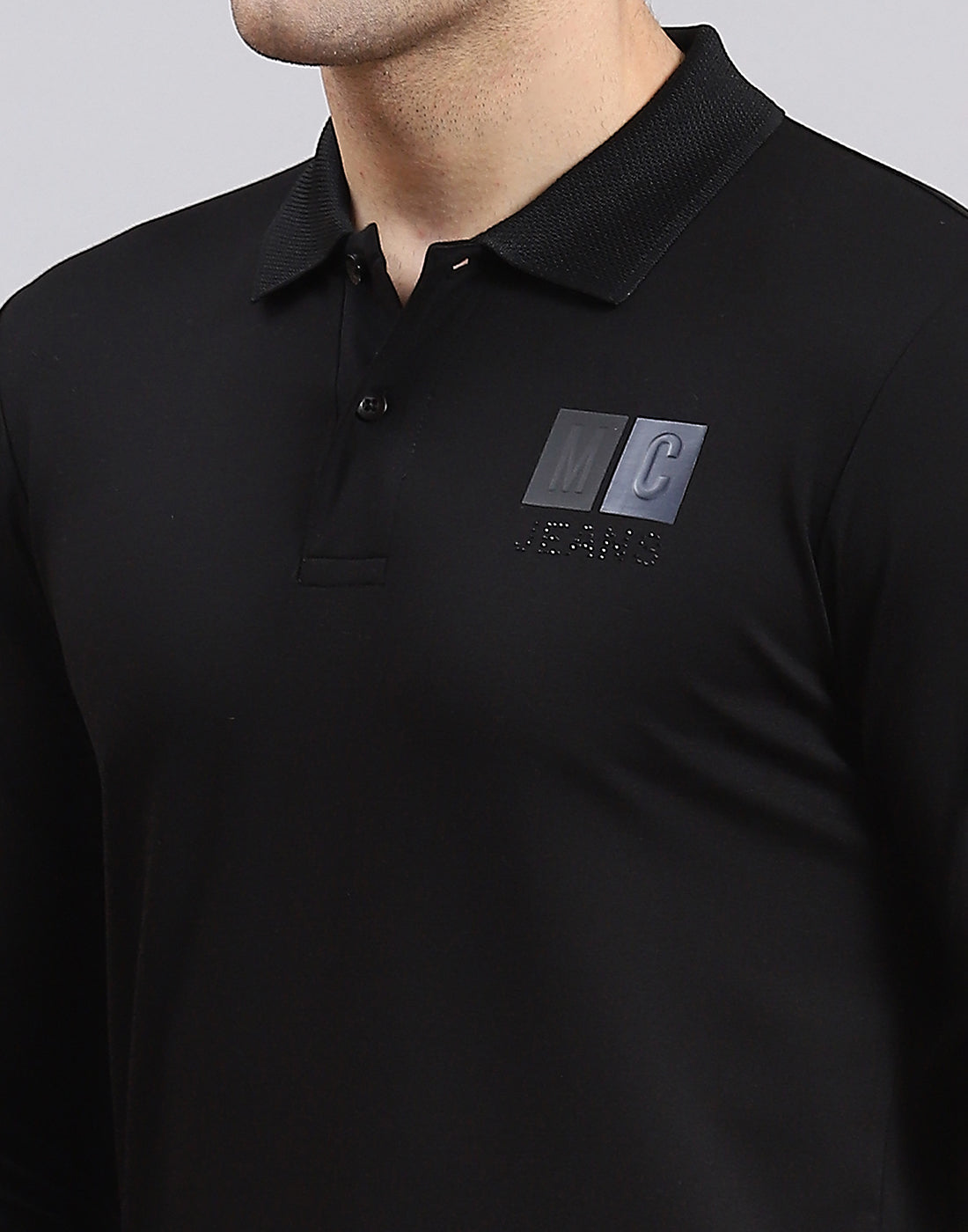 Men Black Solid Polo Collar Full Sleeve T-Shirt