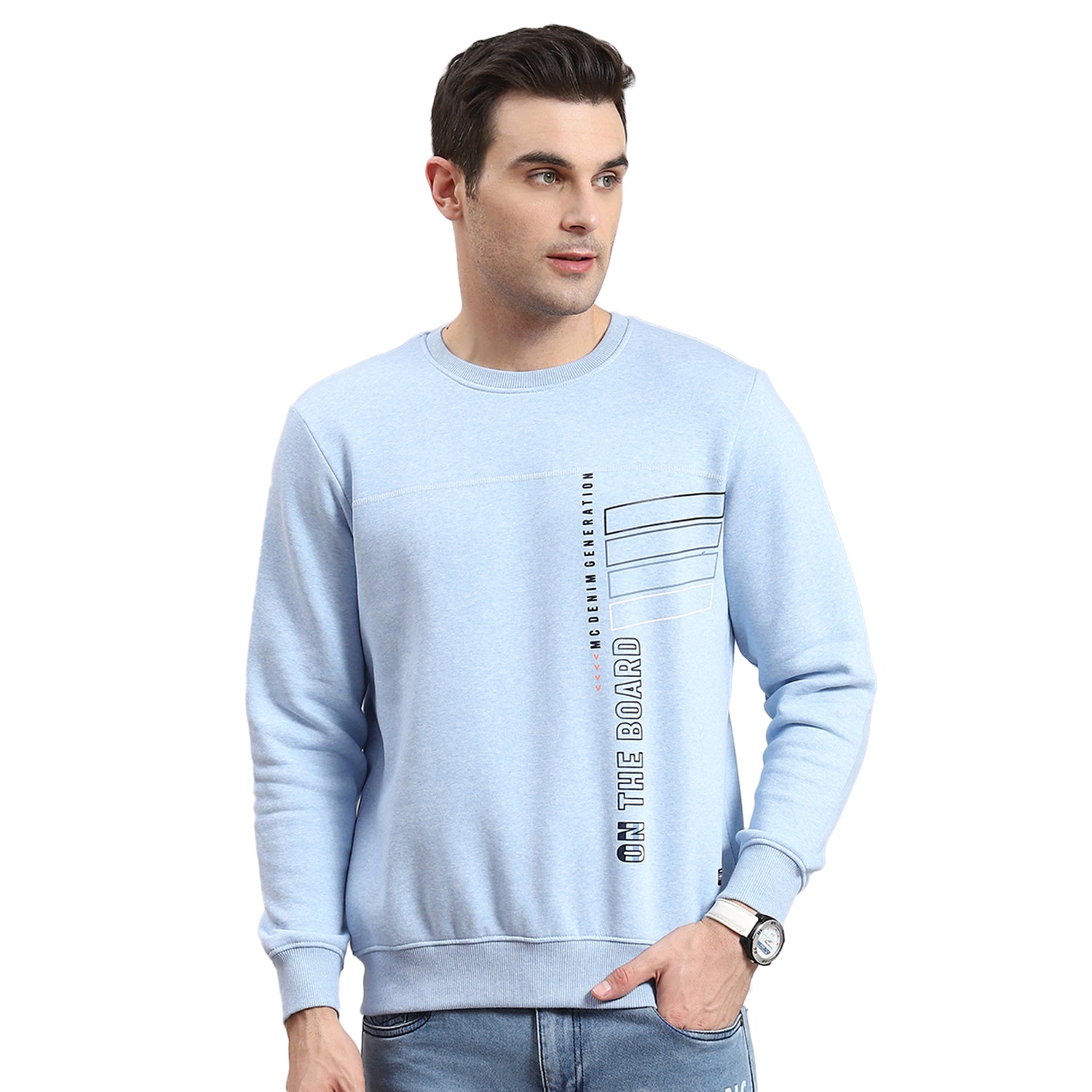 Men Blue Printed Round Neck Full Sleeve Sweatshirt