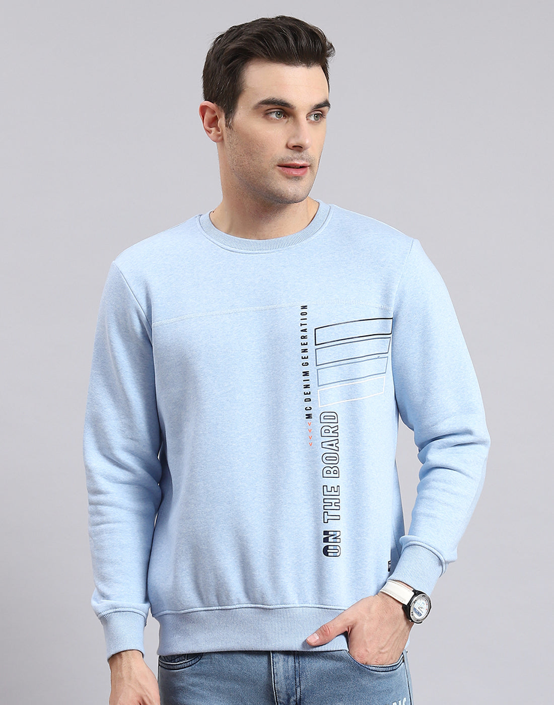 Men Blue Printed Round Neck Full Sleeve Sweatshirt