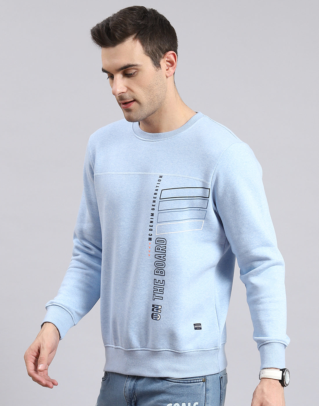 Men Blue Printed Round Neck Full Sleeve Sweatshirt