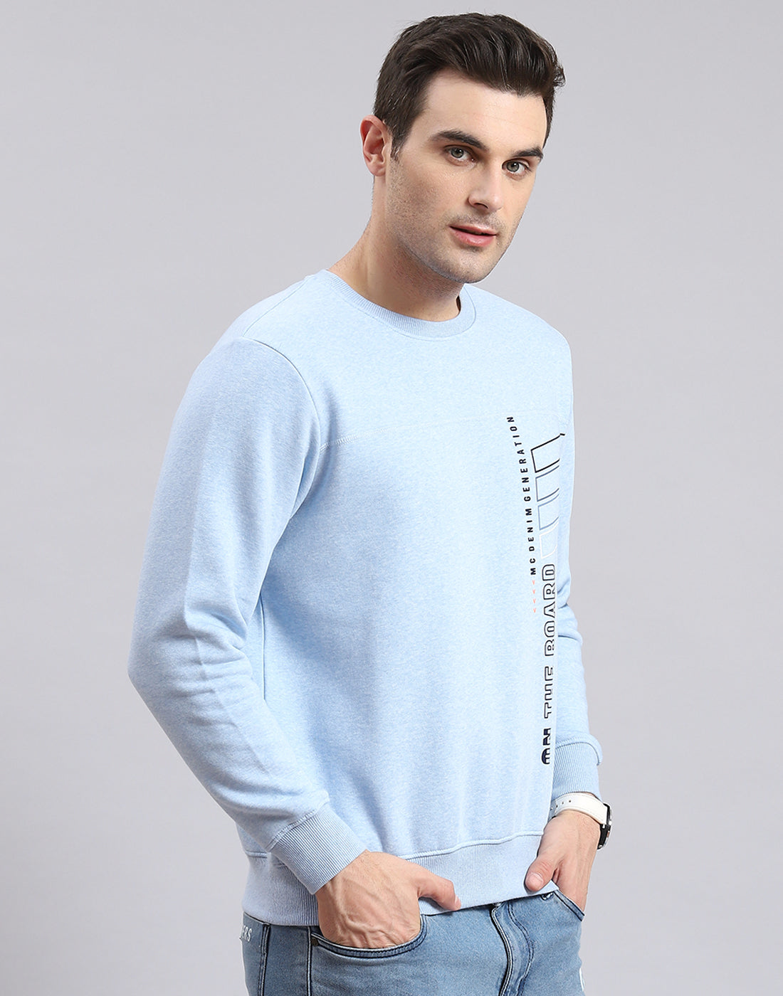 Men Blue Printed Round Neck Full Sleeve Sweatshirt