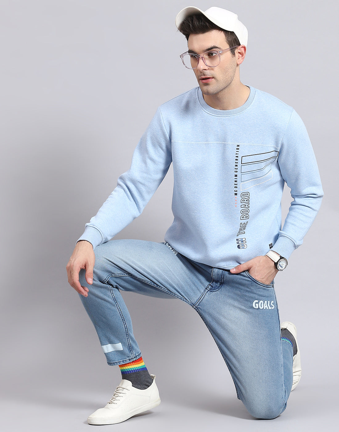 Men Blue Printed Round Neck Full Sleeve Sweatshirt