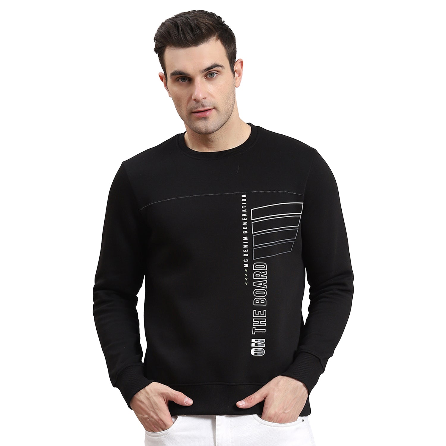 Men Black Printed Round Neck Full Sleeve Sweatshirt