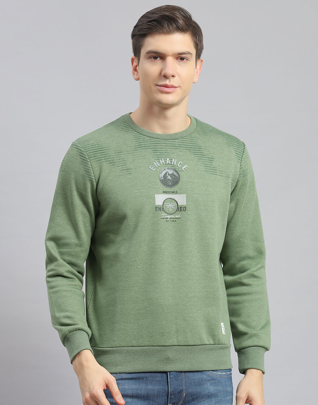 Men Green Printed Round Neck Full Sleeve Sweatshirt