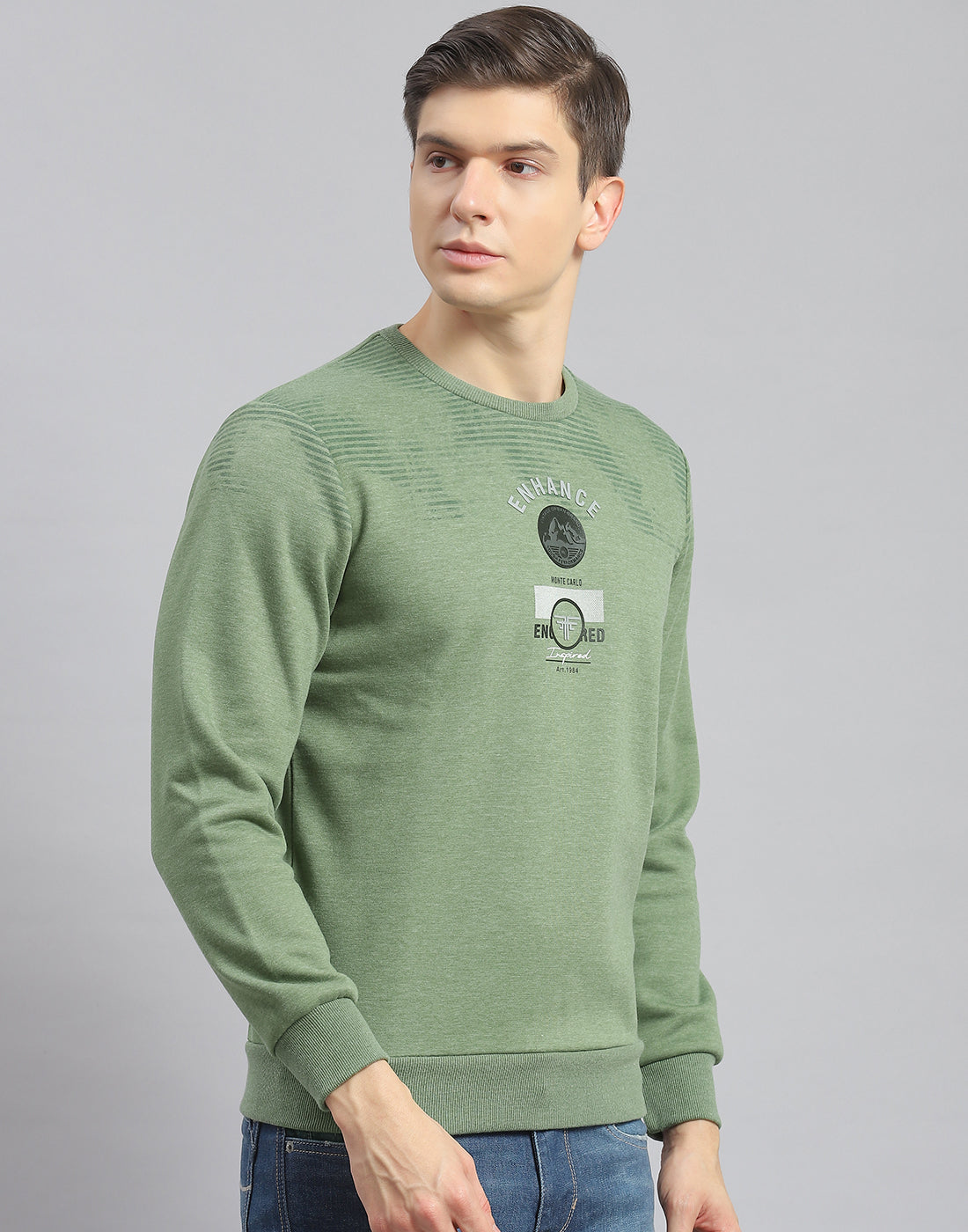 Men Green Printed Round Neck Full Sleeve Sweatshirt