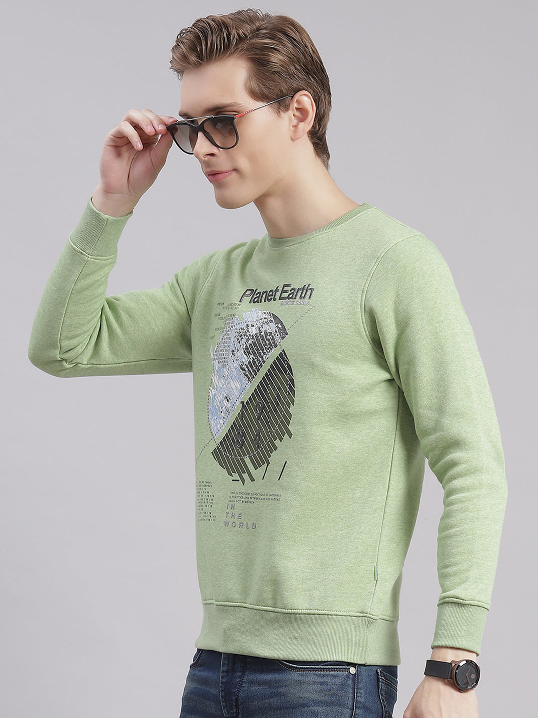 Men Green Printed Round Neck Full Sleeve Sweatshirts