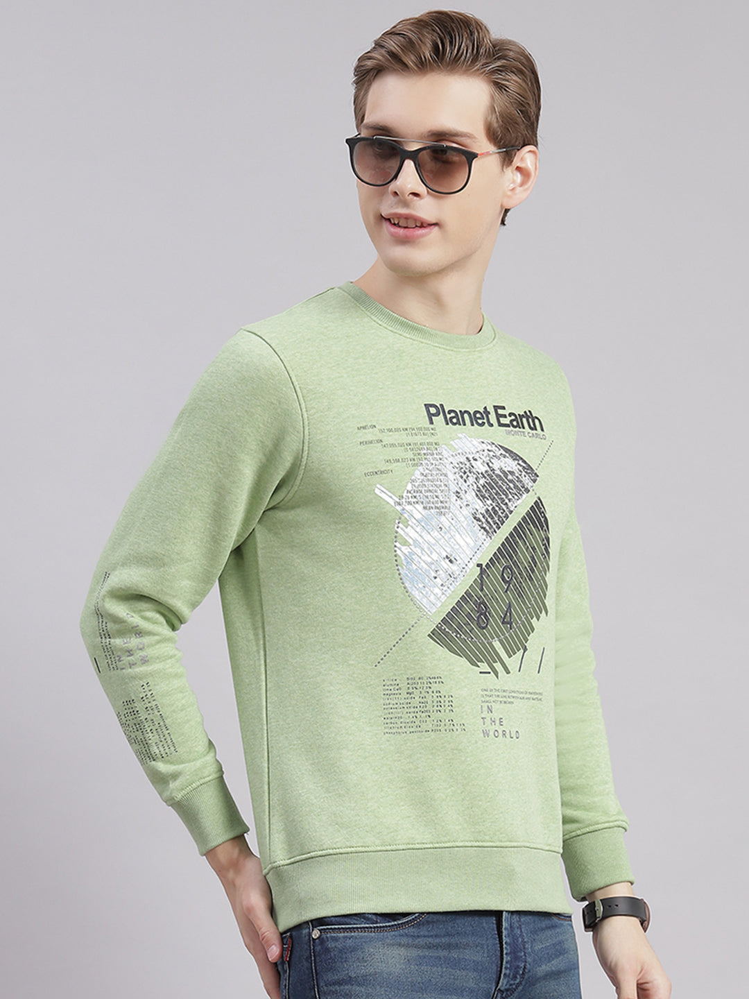 Men Green Printed Round Neck Full Sleeve Sweatshirts