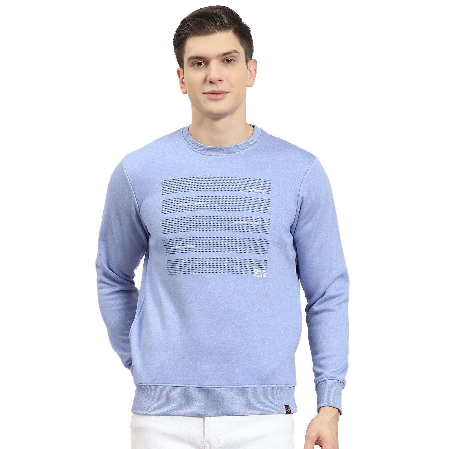 Men Blue Printed Round Neck Full Sleeve Sweatshirt