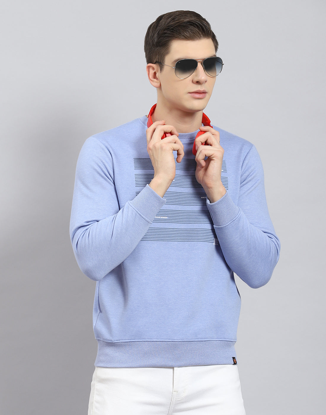 Men Blue Printed Round Neck Full Sleeve Sweatshirt