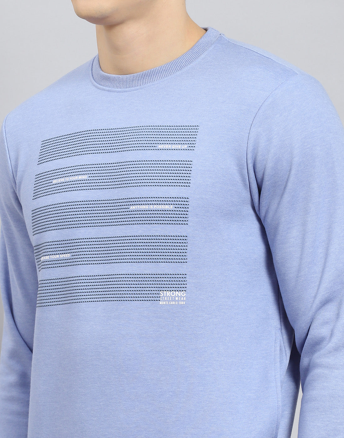 Men Blue Printed Round Neck Full Sleeve Sweatshirt