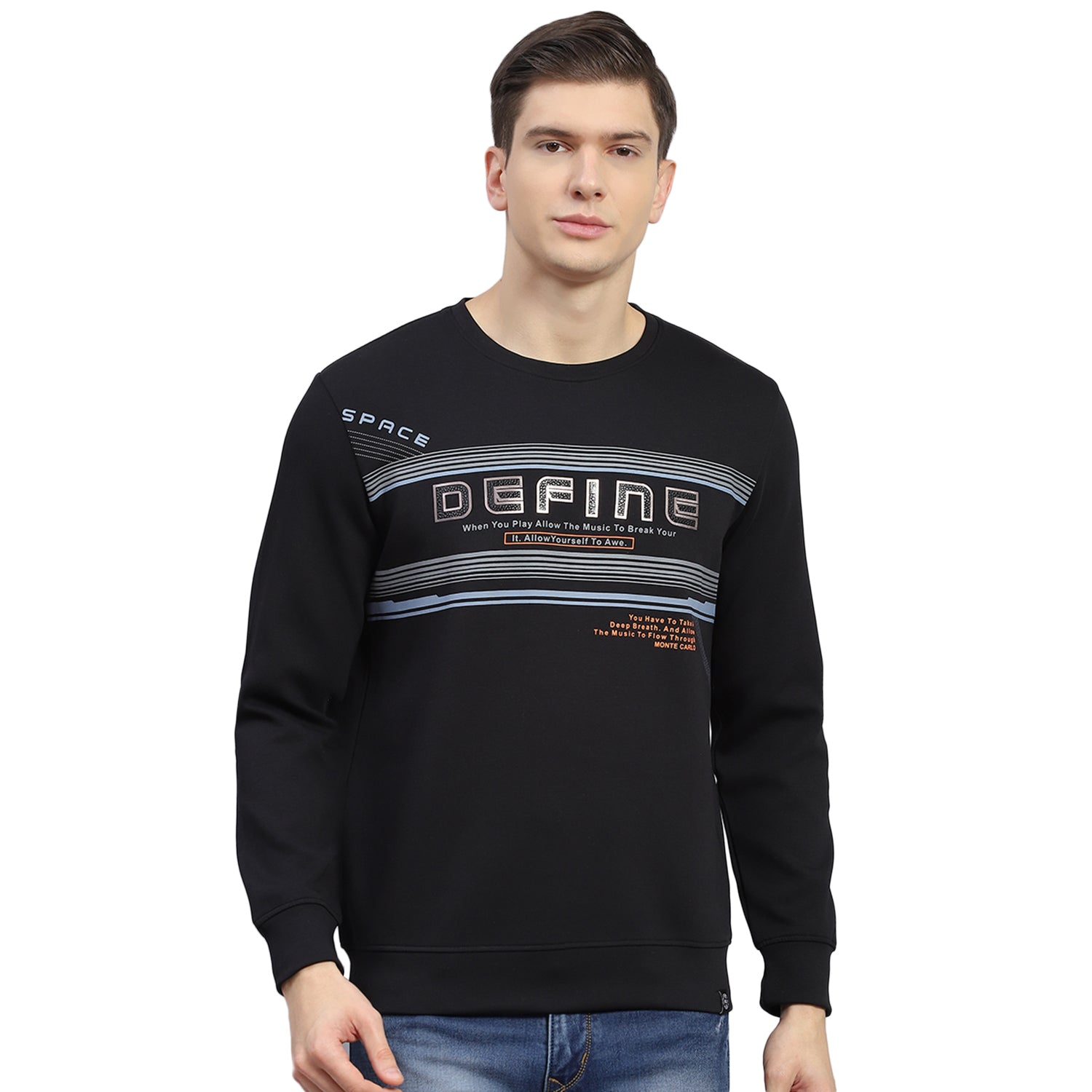 Men Black Printed Round Neck Full Sleeve Sweatshirt