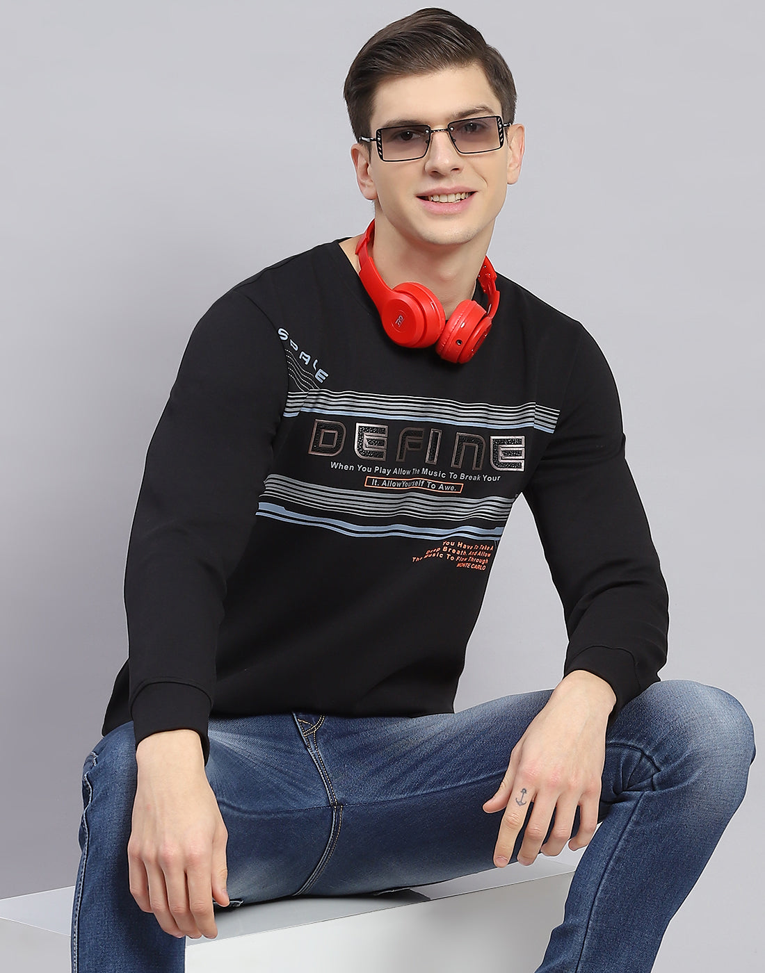 Men Black Printed Round Neck Full Sleeve Sweatshirt