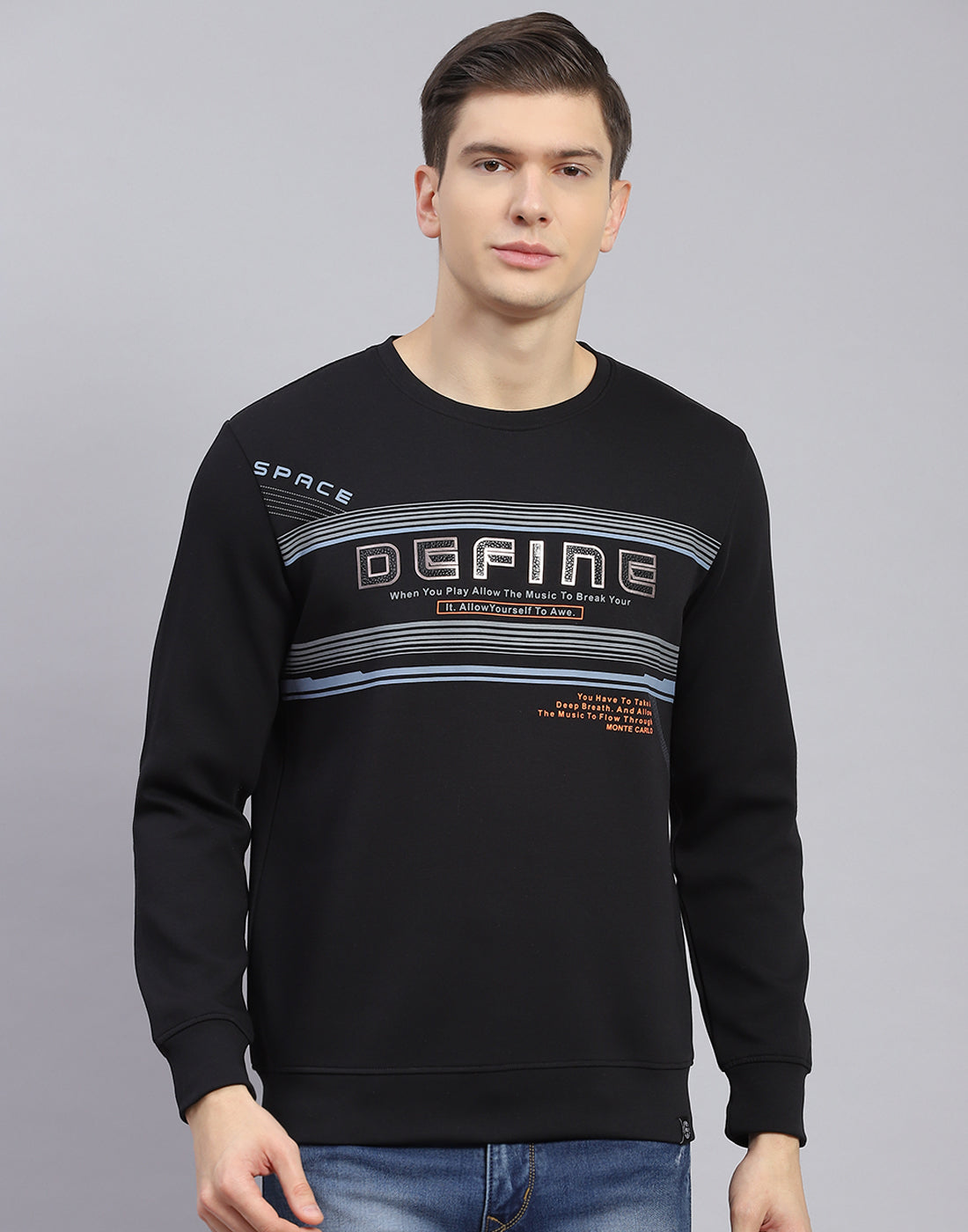 Men Black Printed Round Neck Full Sleeve Sweatshirt