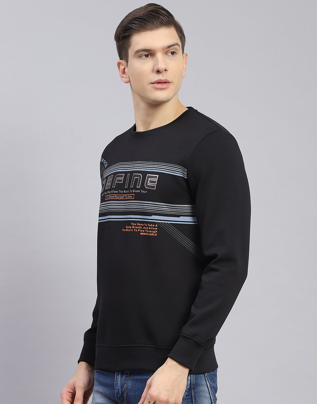 Men Black Printed Round Neck Full Sleeve Sweatshirt