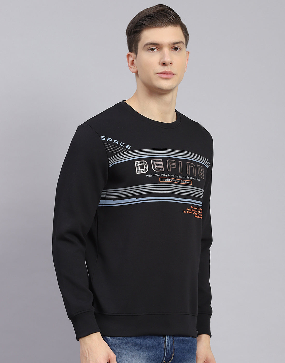 Men Black Printed Round Neck Full Sleeve Sweatshirt