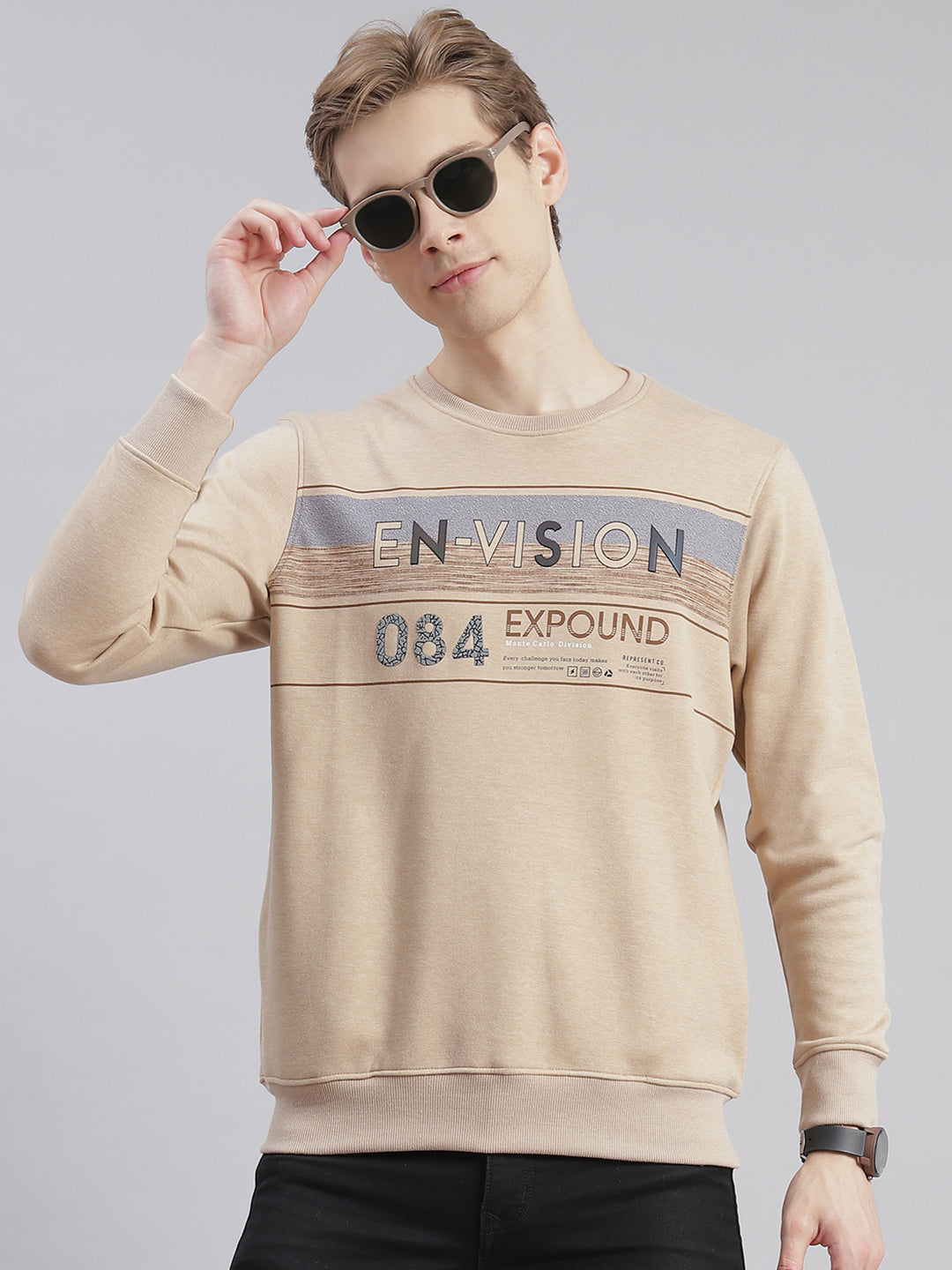 Men Beige Printed Round Neck Full Sleeve Sweatshirts