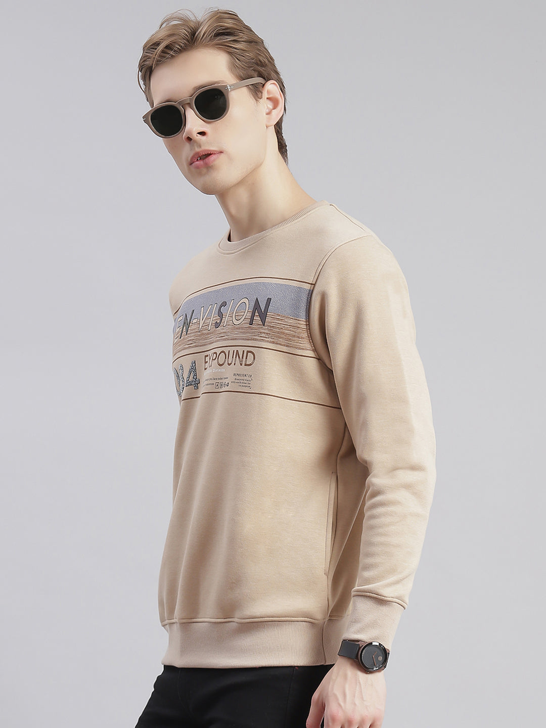 Men Beige Printed Round Neck Full Sleeve Sweatshirts