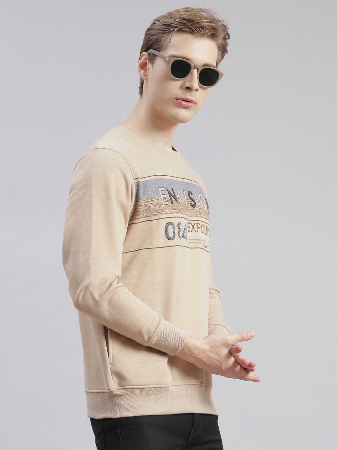 Men Beige Printed Round Neck Full Sleeve Sweatshirts