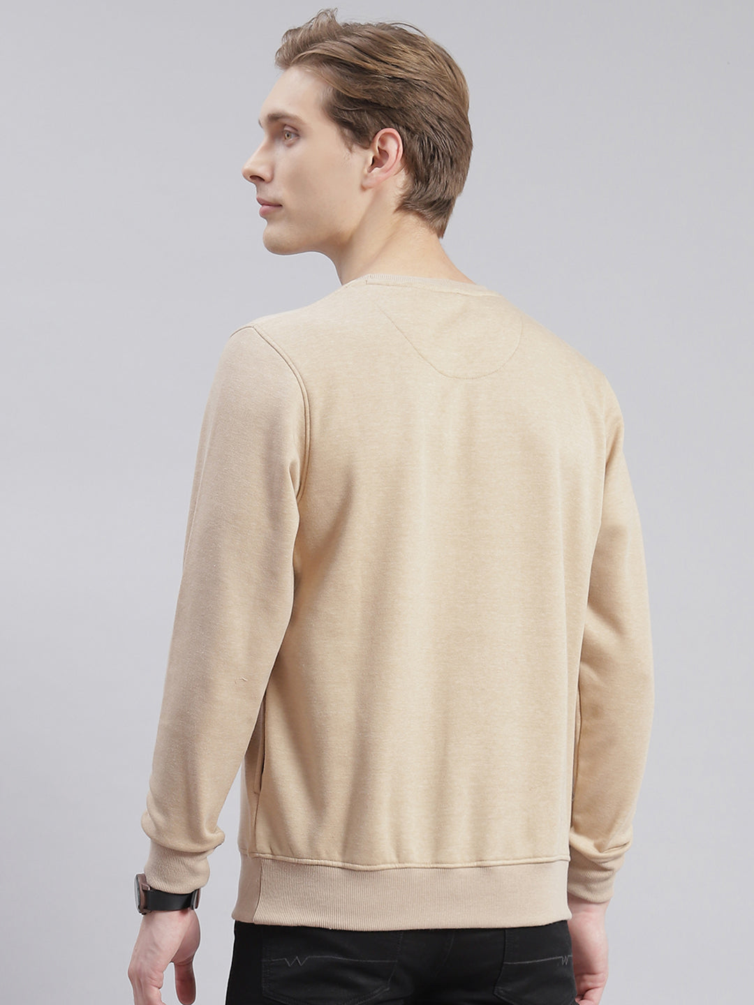 Men Beige Printed Round Neck Full Sleeve Sweatshirts