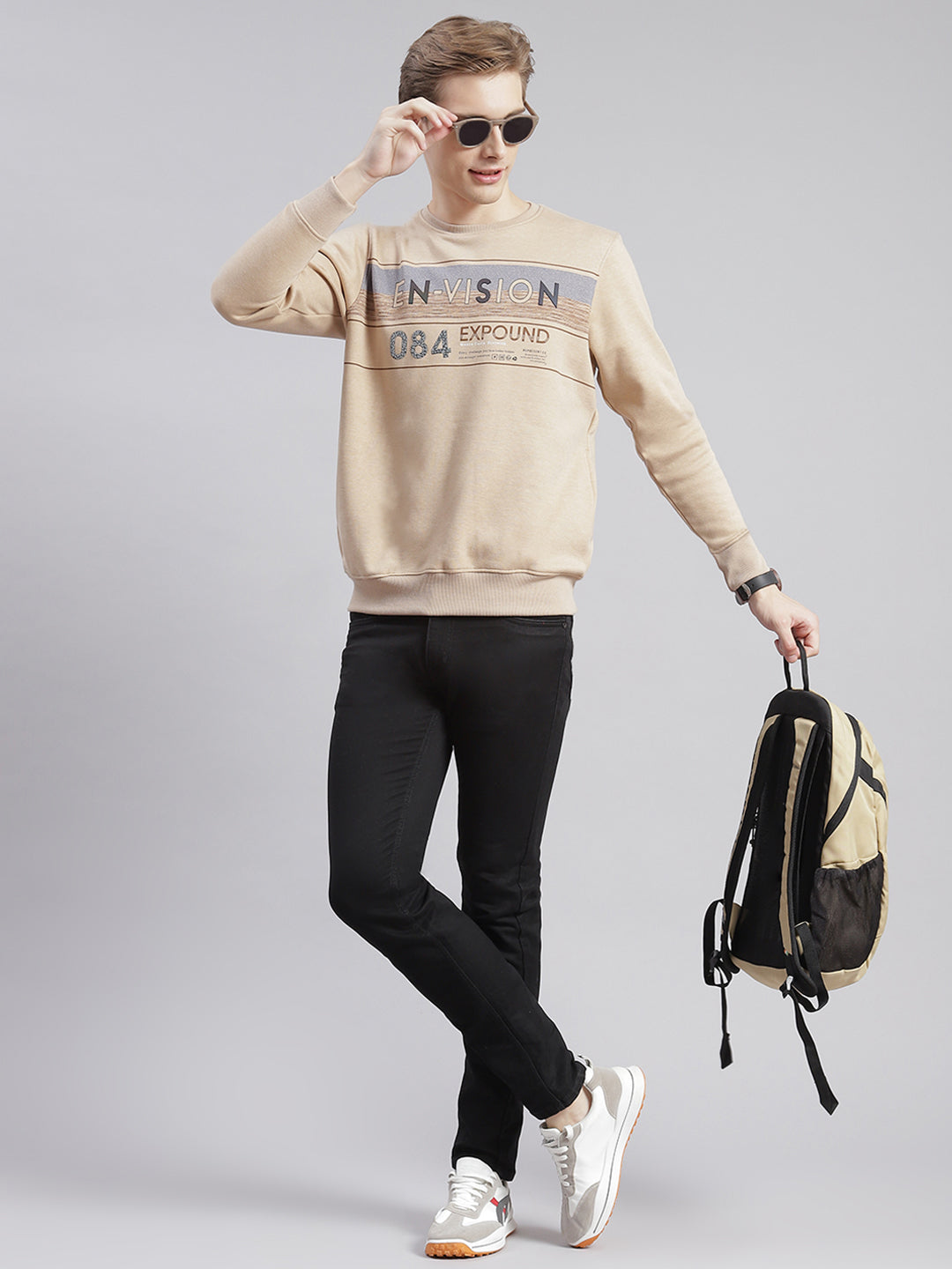 Men Beige Printed Round Neck Full Sleeve Sweatshirts