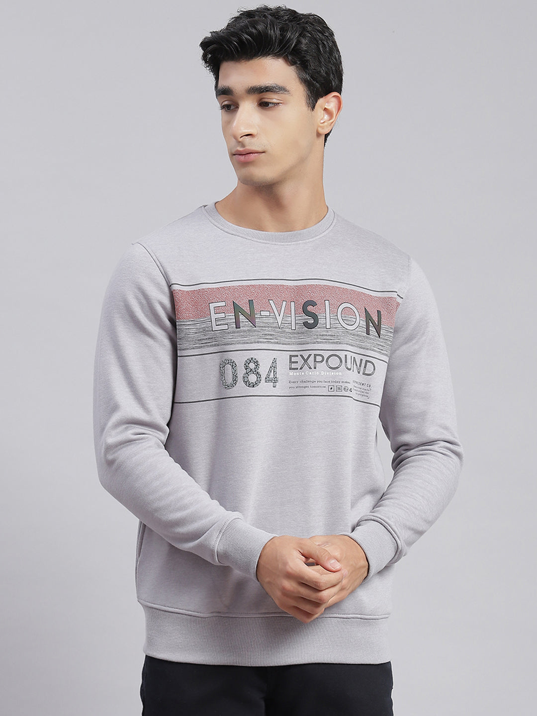 Men Grey Printed Round Neck Full Sleeve Sweatshirts