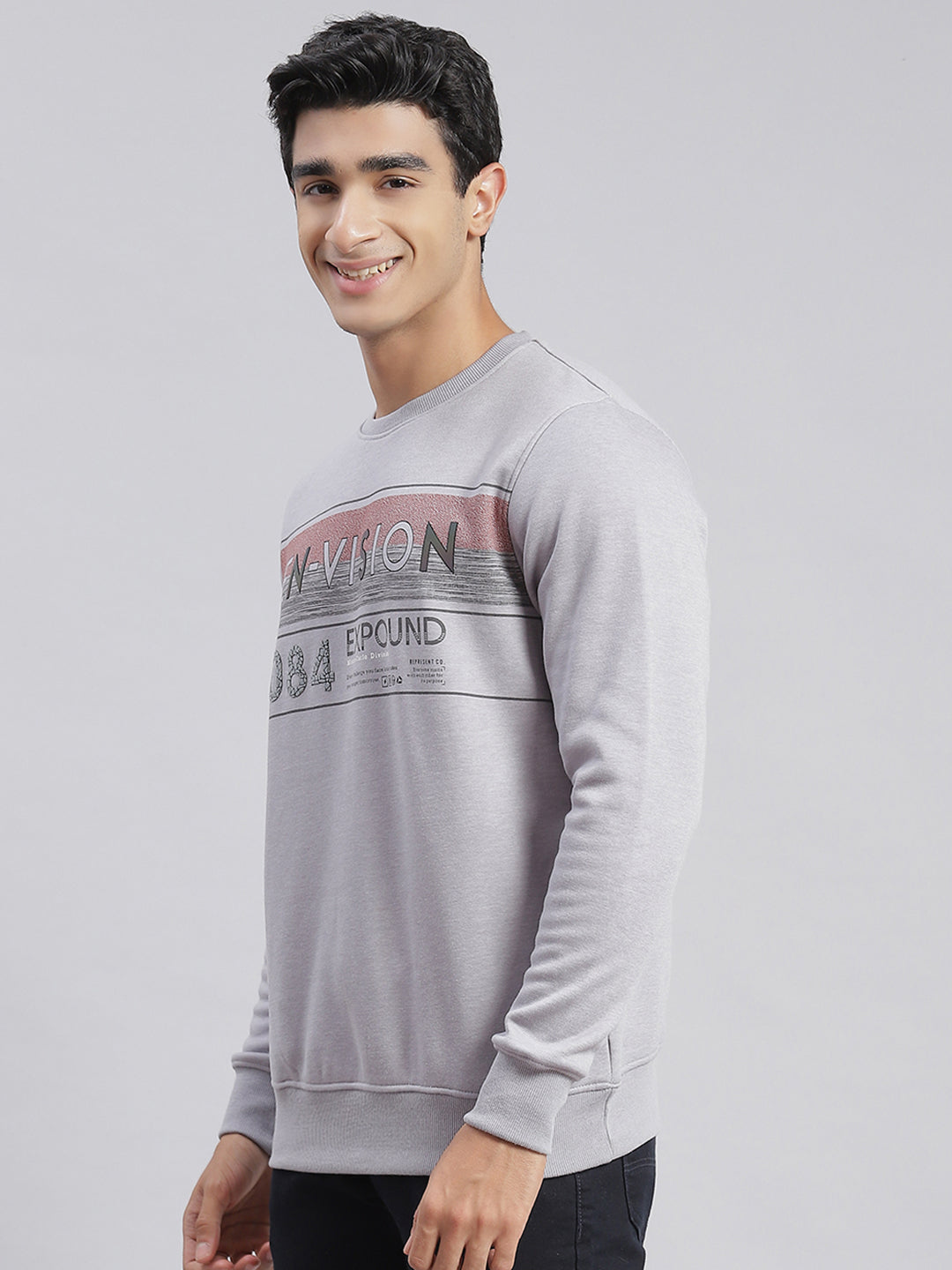 Men Grey Printed Round Neck Full Sleeve Sweatshirts