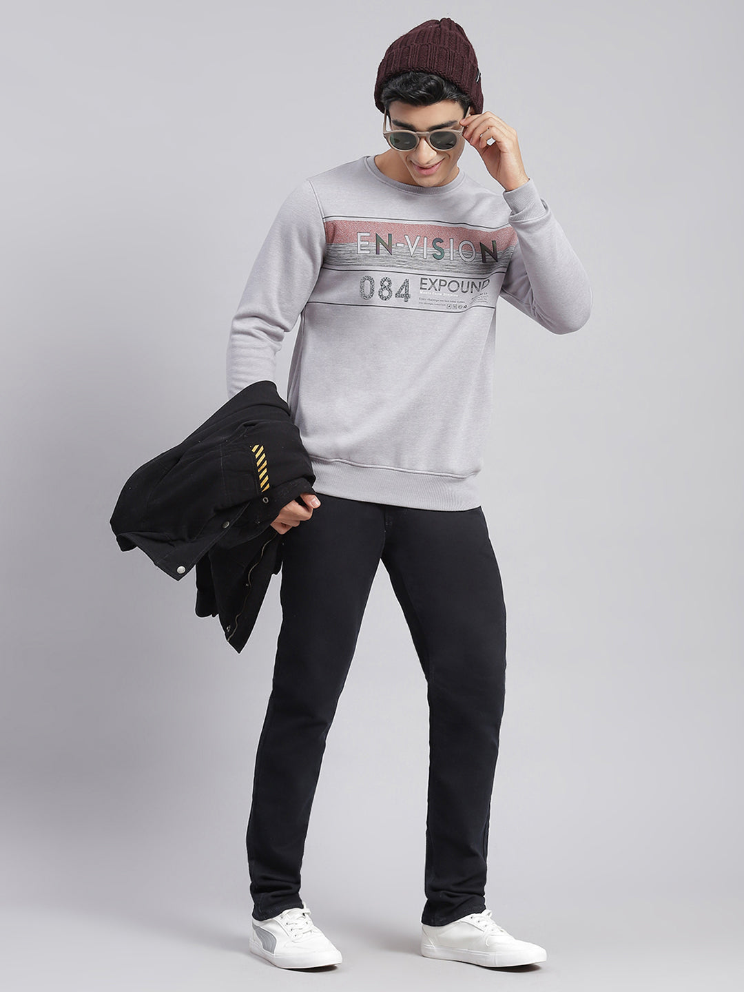 Men Grey Printed Round Neck Full Sleeve Sweatshirts