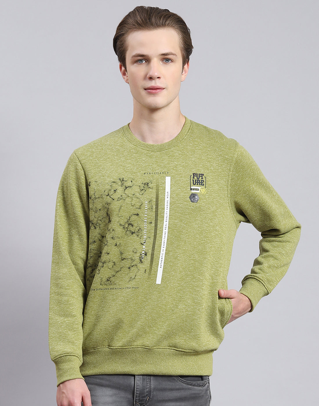 Men Green Printed Round Neck Full Sleeve Sweatshirt