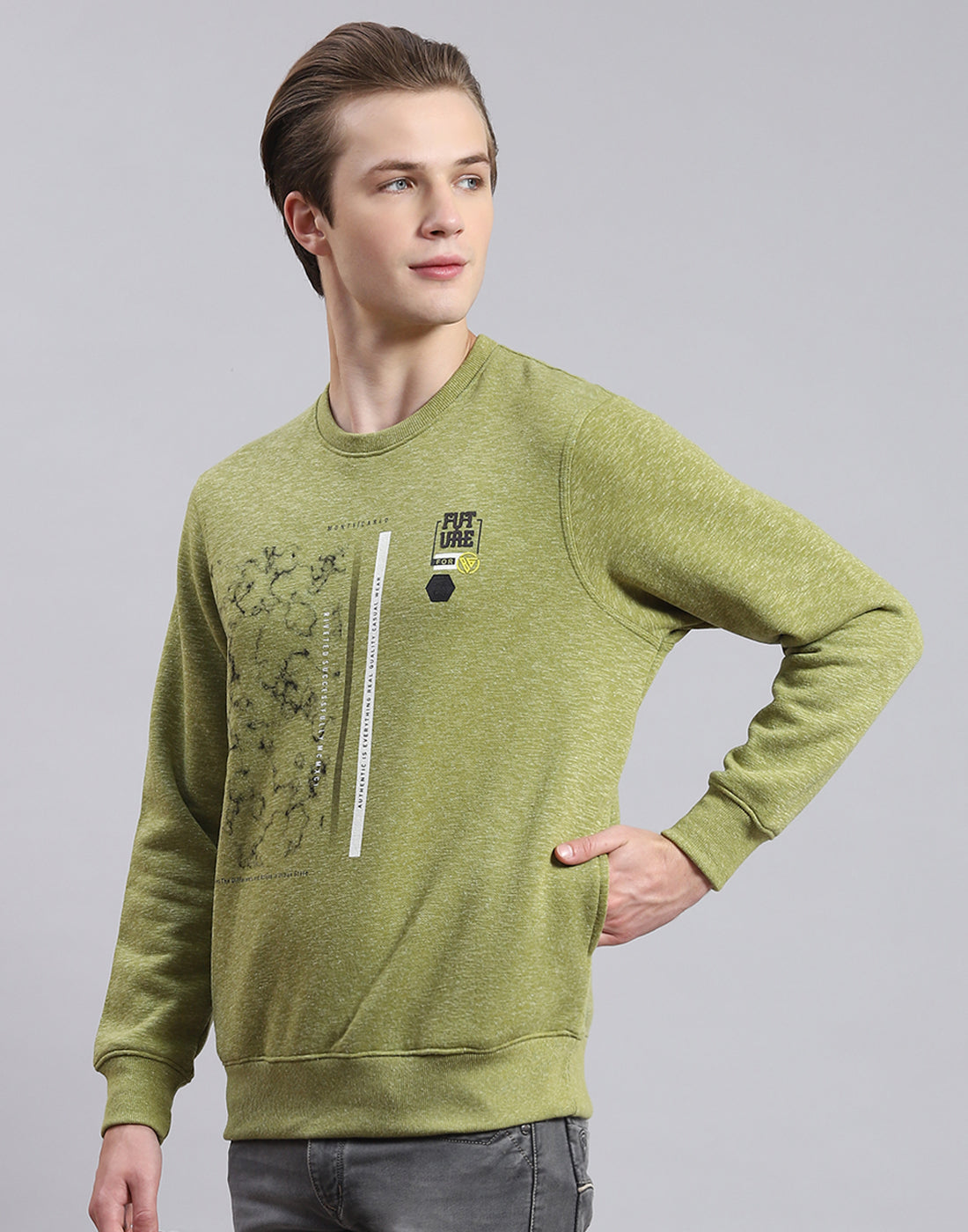 Men Green Printed Round Neck Full Sleeve Sweatshirt