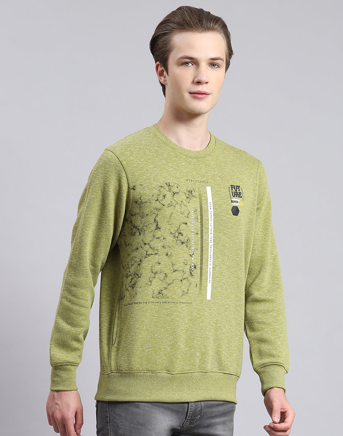 Men Green Printed Round Neck Full Sleeve Sweatshirt