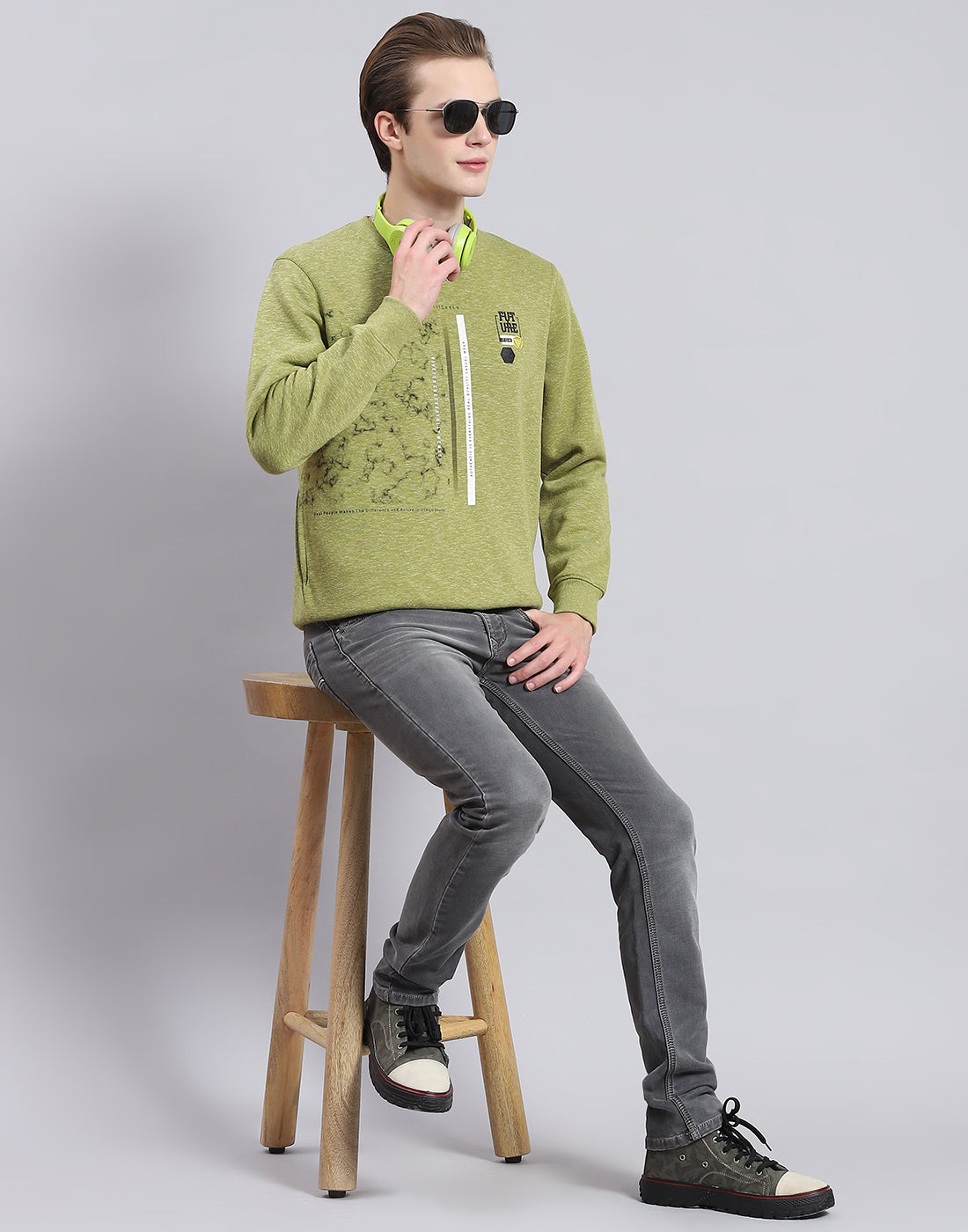 Men Green Printed Round Neck Full Sleeve Sweatshirt